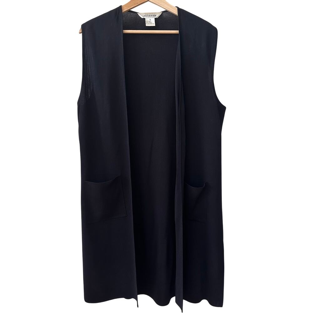 Exclusively Misook Women's Long Open Knit Cardigan Solid Black Vest Casual S